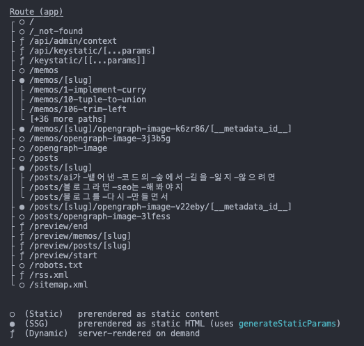 빌드 결과. 글 페이지가 SSG(●)로 표시된다
