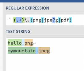 (.+)\.(png|jpe?g|pdf)로 hello.png와 mymountain.jpeg를 찾는 화면