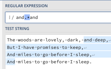 regex101에서 and.*and가 여러 줄에 걸쳐 가장 길게 일치하는 화면